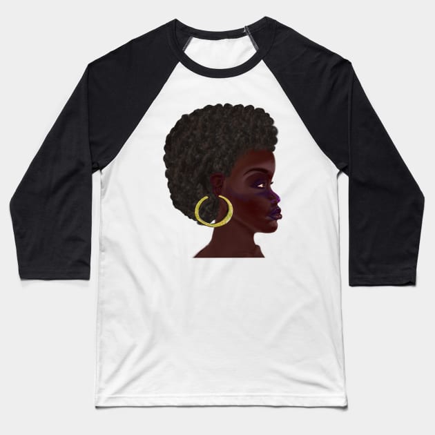 Afro queen II - Mahagony brown skin girl with thick glorious, curly Afro Hair and gold hoop earrings Baseball T-Shirt by Artonmytee